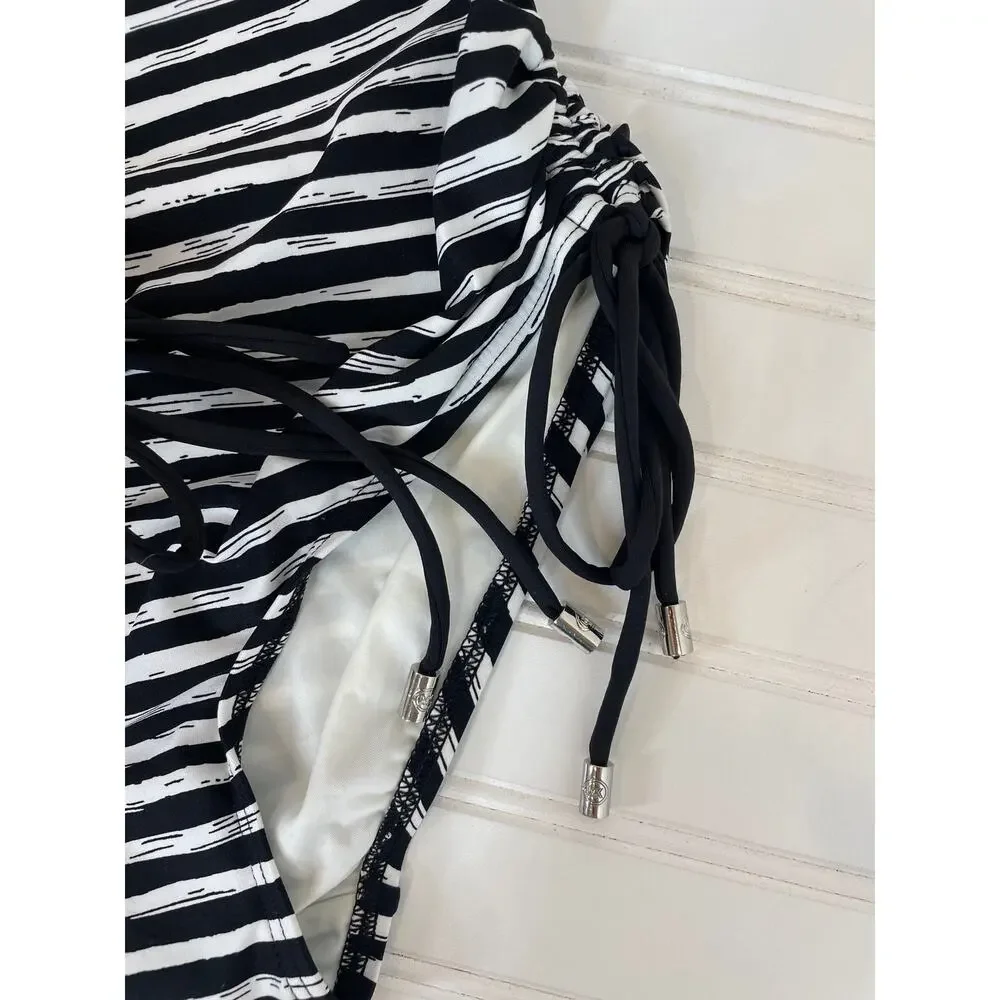 NWOT Michael Kors One Piece Bathing Suit Black & White Stripe Drawstring Side S